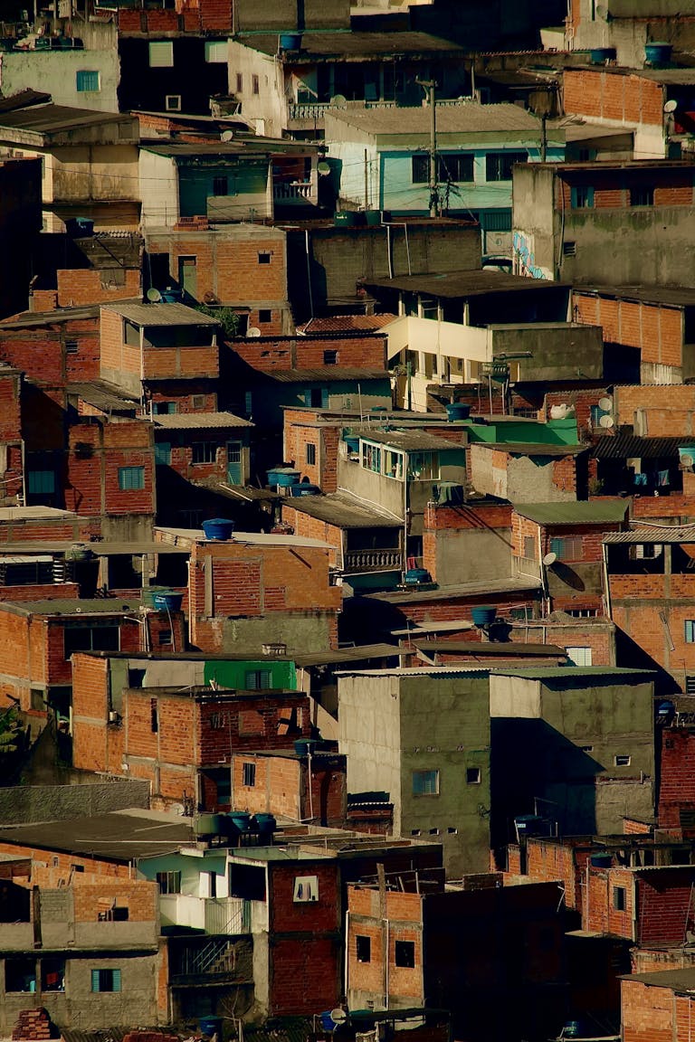 Aerial view of the vibrant rooftops in a São Paulo favela, Brazil.