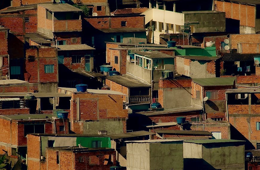 Aerial view of the vibrant rooftops in a São Paulo favela, Brazil.