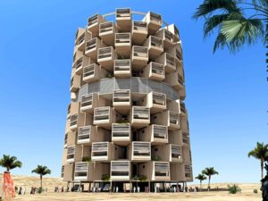 3D rendering of the Mecca Future Tower in a desert environment with palm trees and modern architectural design.