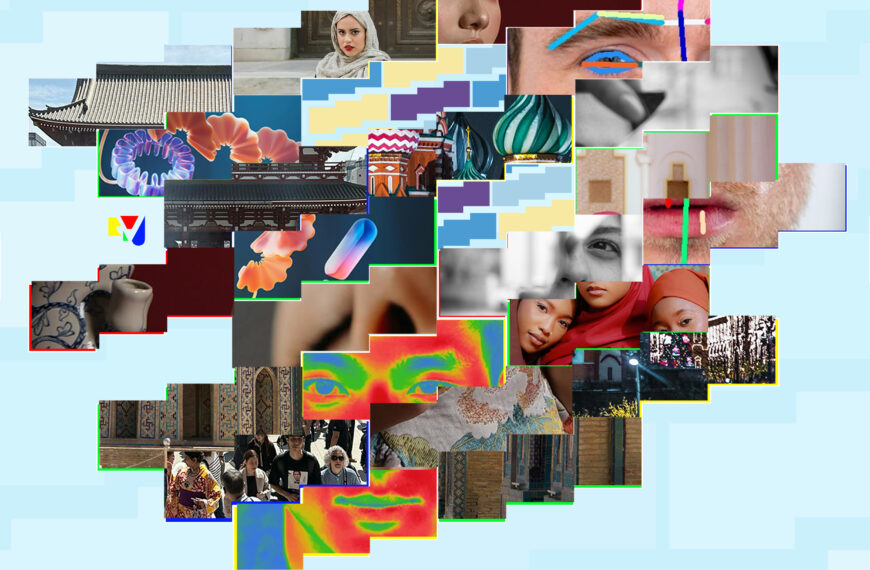 A mosaic collage representing the 'We Build What We Are' theory, featuring a collection of human faces, architectural structures, and cultural patterns arranged to form a unified concept.