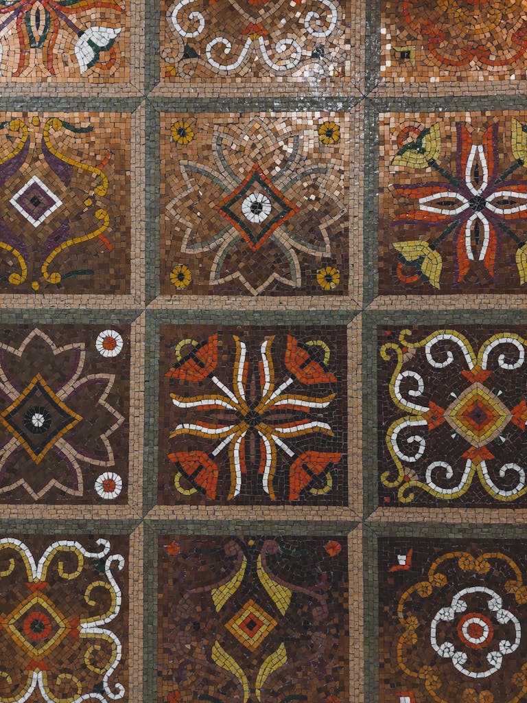 Detailed mosaic pattern with colorful geometric and floral motifs.