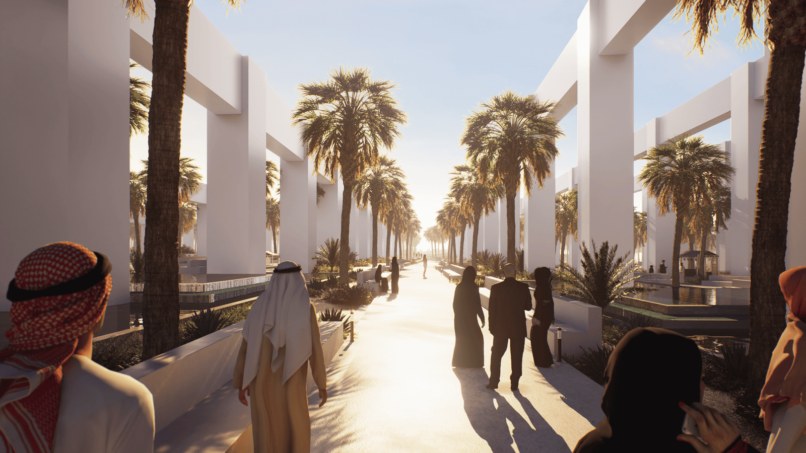 INJ Architects daytime digital rendering of a central pedestrian promenade framed by monumental stark white rectangular colonnades and mature palm trees, with human figures strolling down a bright sunlit pathway under a clear sky