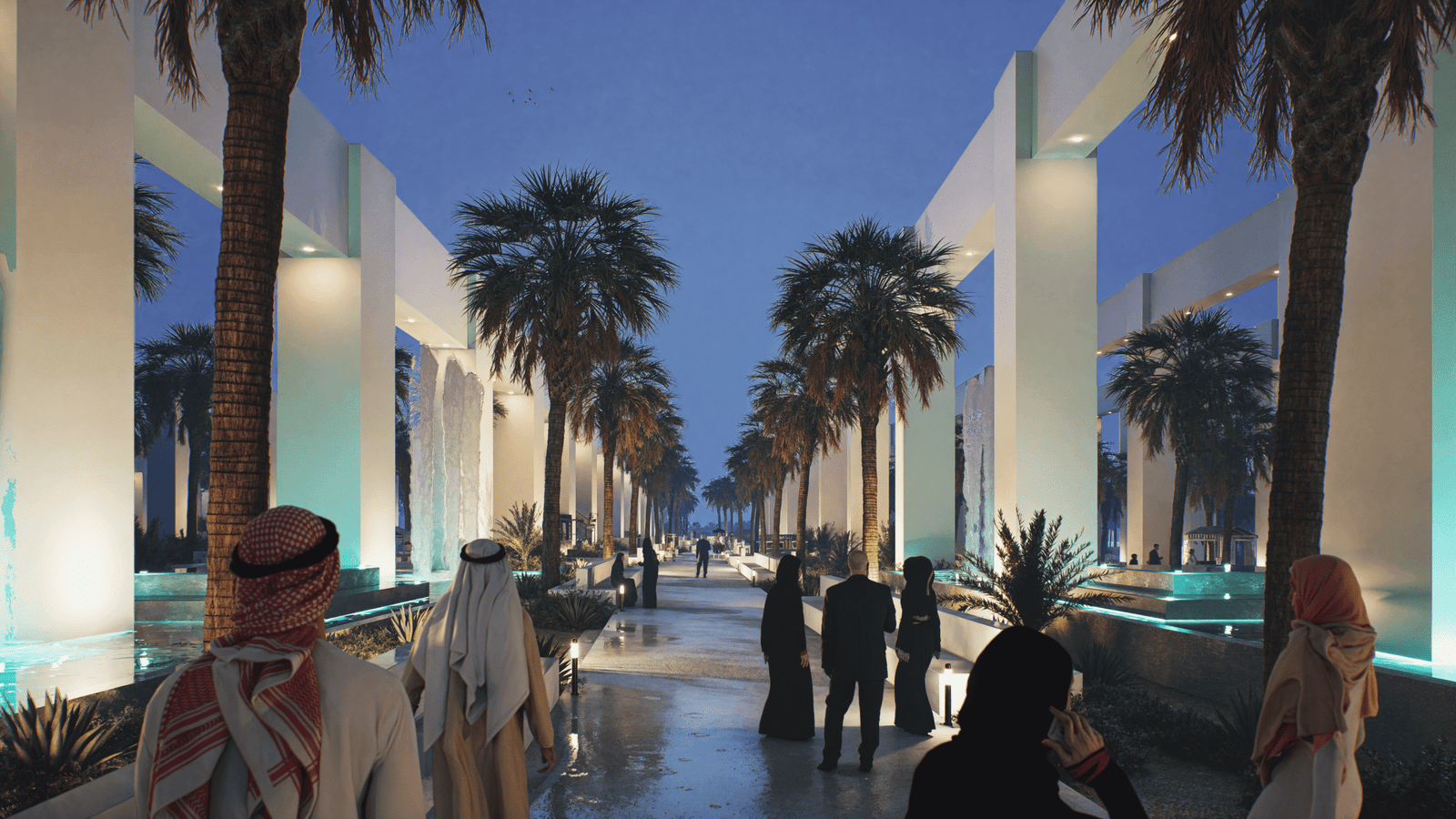 INJ Architects twilight digital rendering of a central pedestrian promenade framed by monumental illuminated white rectangular colonnades and mature palm trees, with human figures strolling along a reflective stone pathway