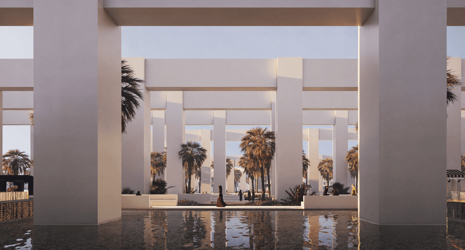 INJ Architects photorealistic digital rendering looking through a deep rhythmic colonnade of massive stark white rectangular structural frames integrated with mature palm trees and a highly reflective water basin at ground level
