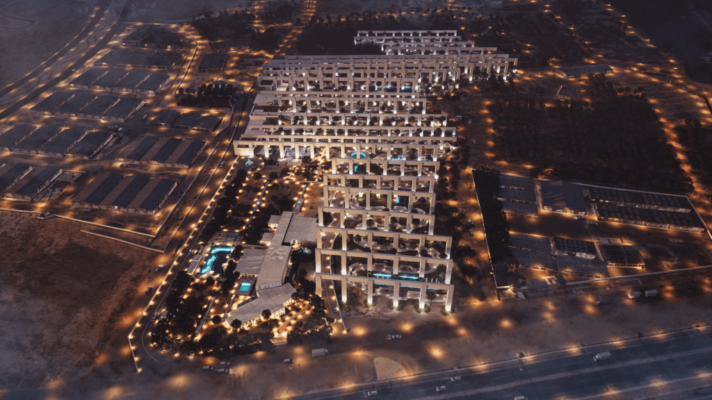 Conceptual landscape architecture in Madinah designed by INJ Architects – palm-inspired modular columns in desert site