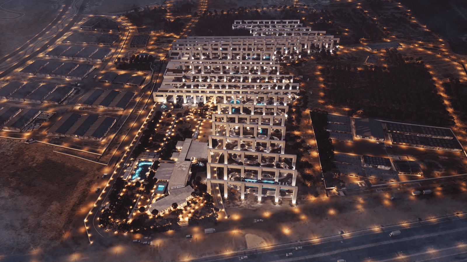 INJ Architects nocturnal aerial digital rendering of the Gharras Al Madinah masterplan showing illuminated rhythmic structural frames, glowing landscape pathways, and water features integrated into a dark agricultural palm orchard context
