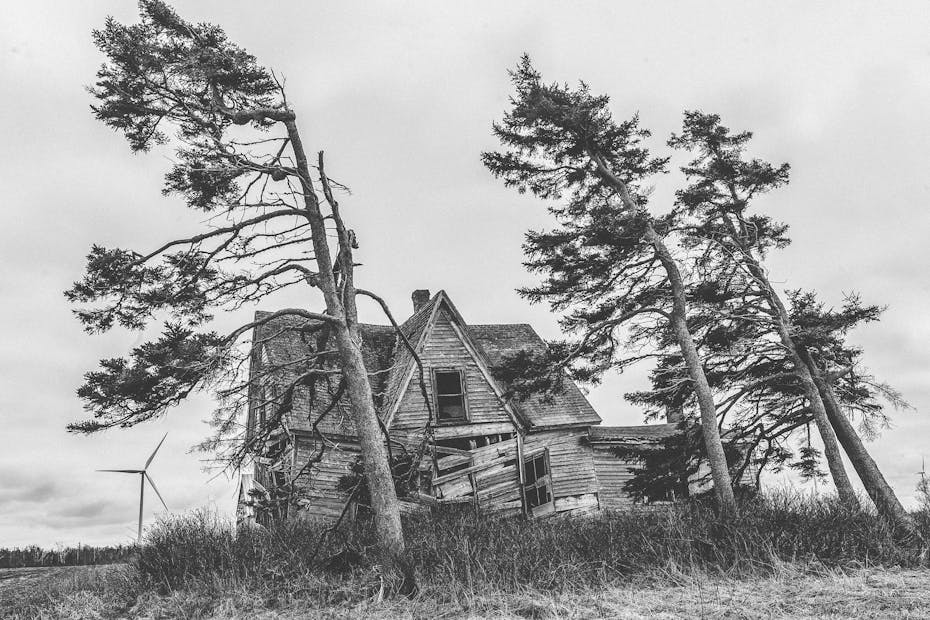 A dramatic black and white photo of an abandoned house with trees swaying and a distant wind turbine.