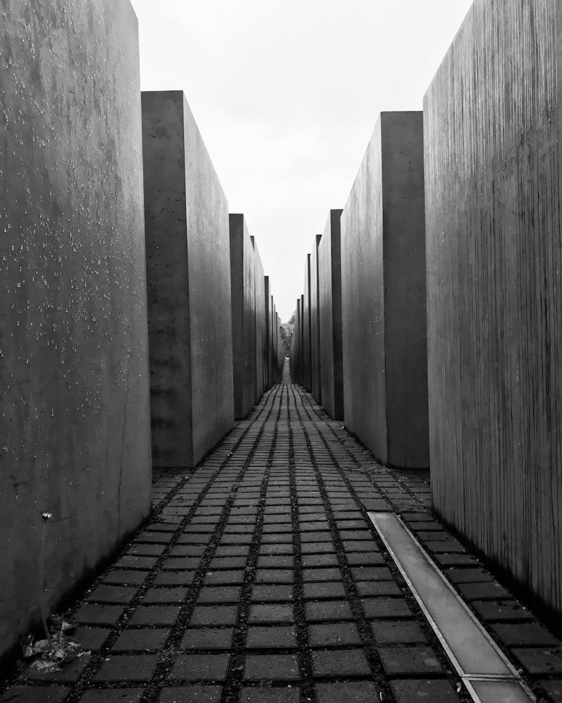A striking black and white perspective of Berlin's Holocaust Memorial's concrete pillars.
