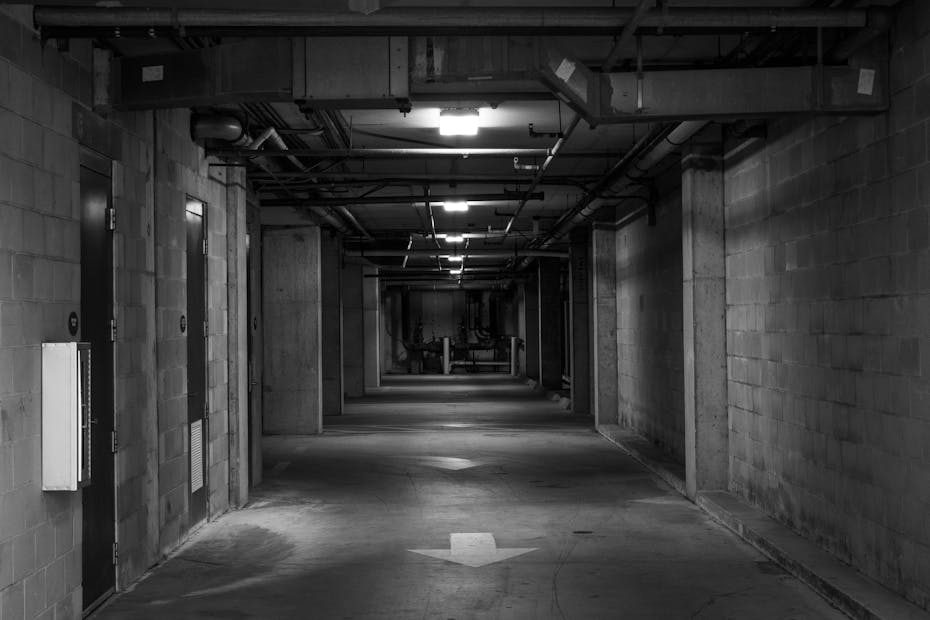 Black and white image of an empty industrial corridor with directional arrows.