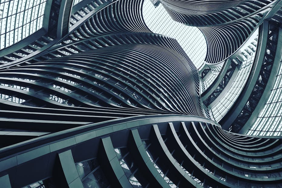 Intricate spiral architecture in Beijing with modern design elements.