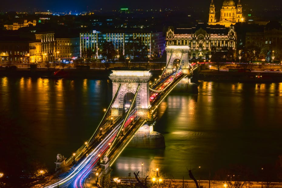 Stunning long exposure night shot of the Széchenyi Chain Bridge, showcasing illuminated architecture and city lights in Budapest.