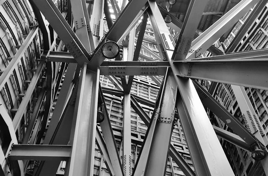 A detailed view of a complex steel framework showcasing modern industrial architecture.