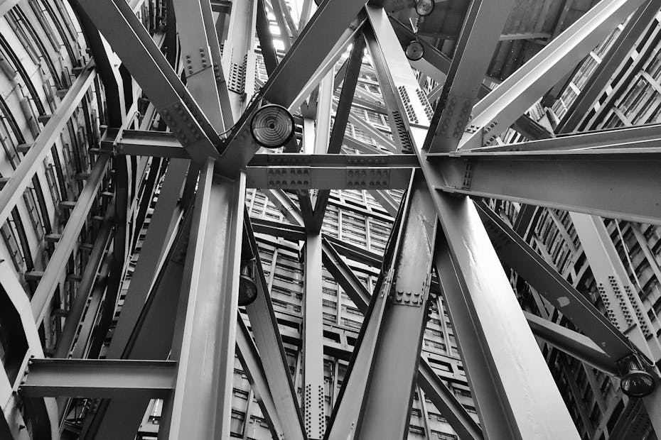 A detailed view of a complex steel framework showcasing modern industrial architecture.