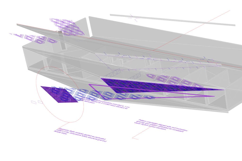 3D working drawing showing batik-inspired geometric cutout panels aligned across a sloped roof structure, with module orientation and thickness indicated.
