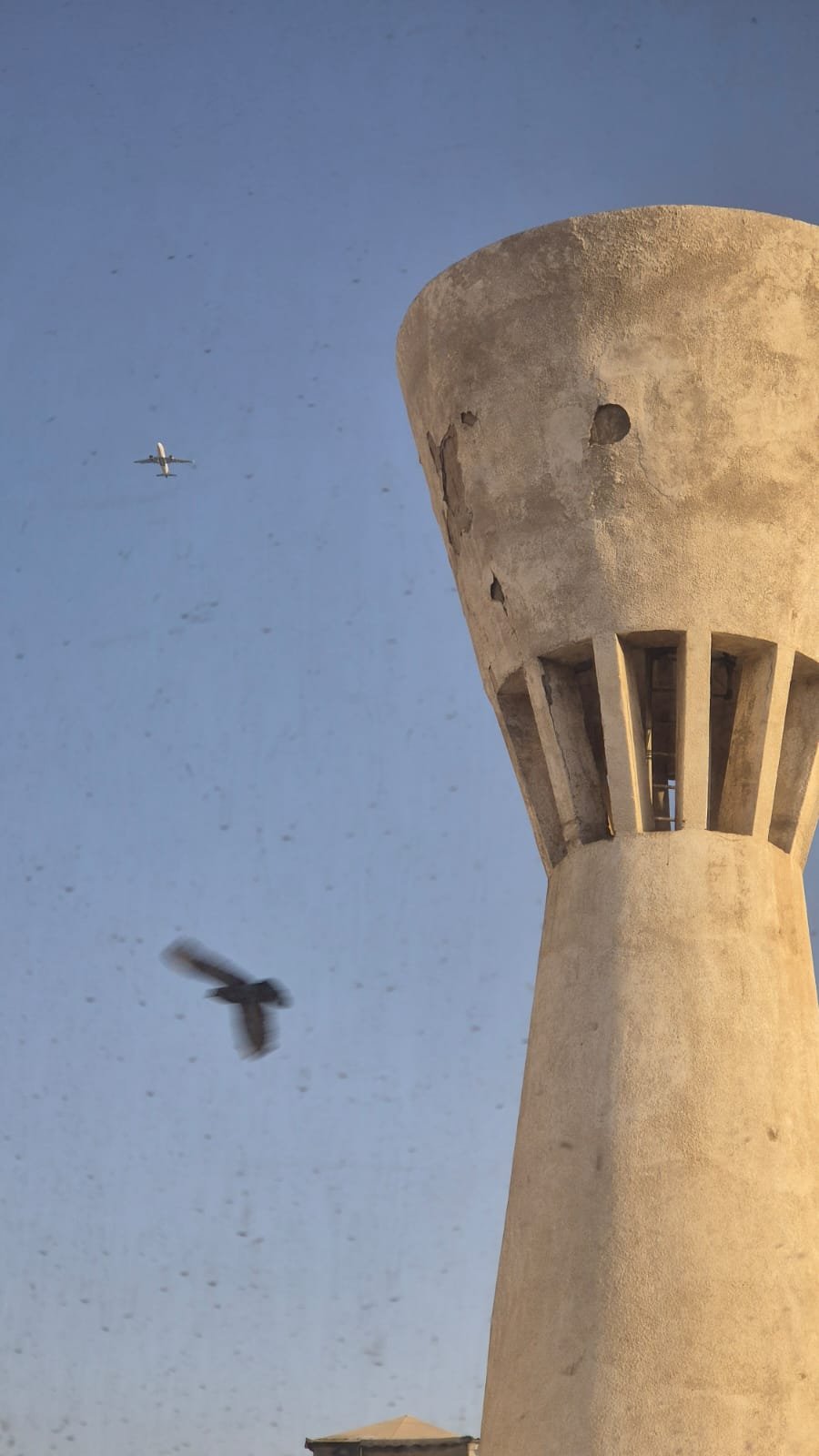 INJ Architects view looking up at an aging cylindrical concrete water tower with deep vertical fins near the top against a clear sky with birds in flight.