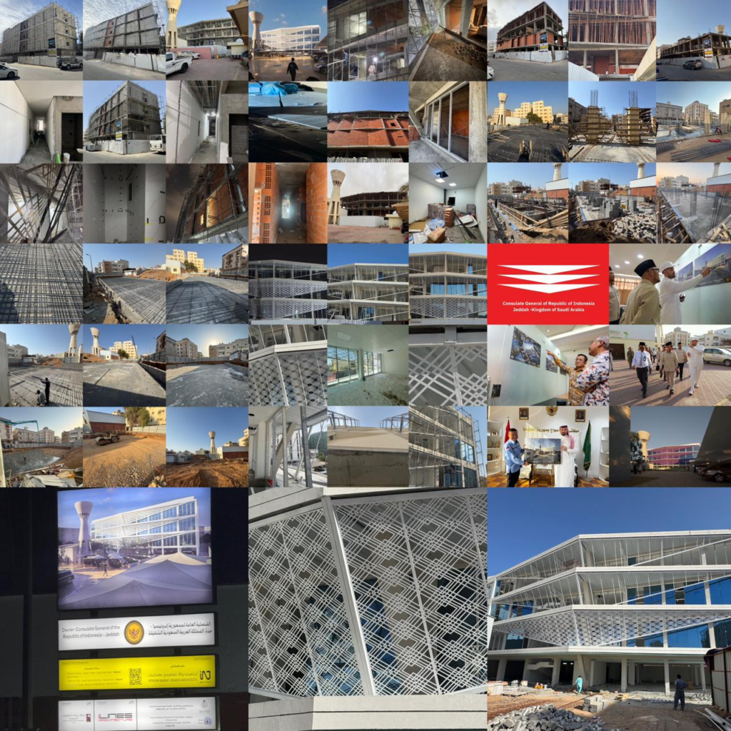 INJ Architects photographic matrix documenting various construction phases of the Indonesian Consulate General featuring structural concrete framing, official site inspections, and the installation of a custom geometric brise-soleil facade