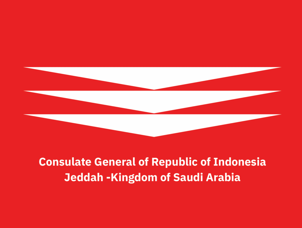 INJ Architects digital screen showing a solid red rectangle containing three stacked white pointed chevrons above text reading Consulate General of Republic of Indonesia Jeddah Kingdom of Saudi Arabia.