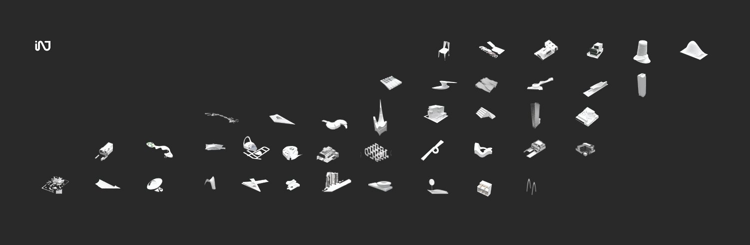 A curated collection of white 3D architectural models and design icons on a dark background, representing the diverse project portfolio and design evolution of INJ Architects from inception to present.