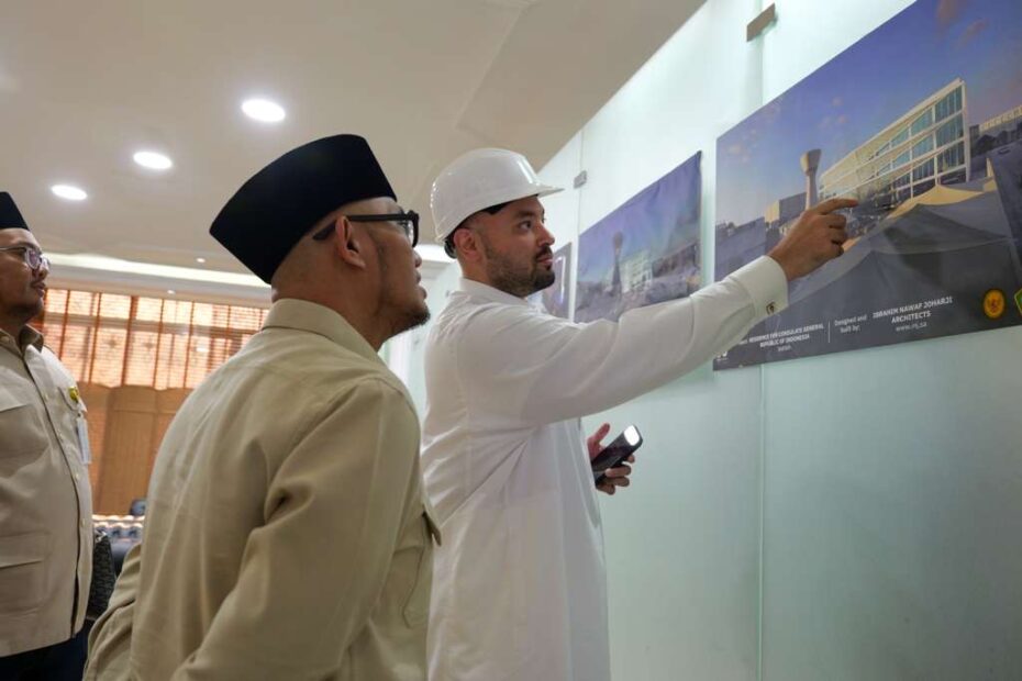 Principal Architect Ibrahim Joharji presenting the architectural renderings of the new Indonesian Consulate to the Consul General, highlighting the facade design and security features.