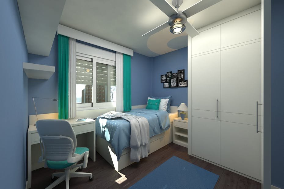 Contemporary bedroom decor with blue tones, modern furniture, and bright lighting.