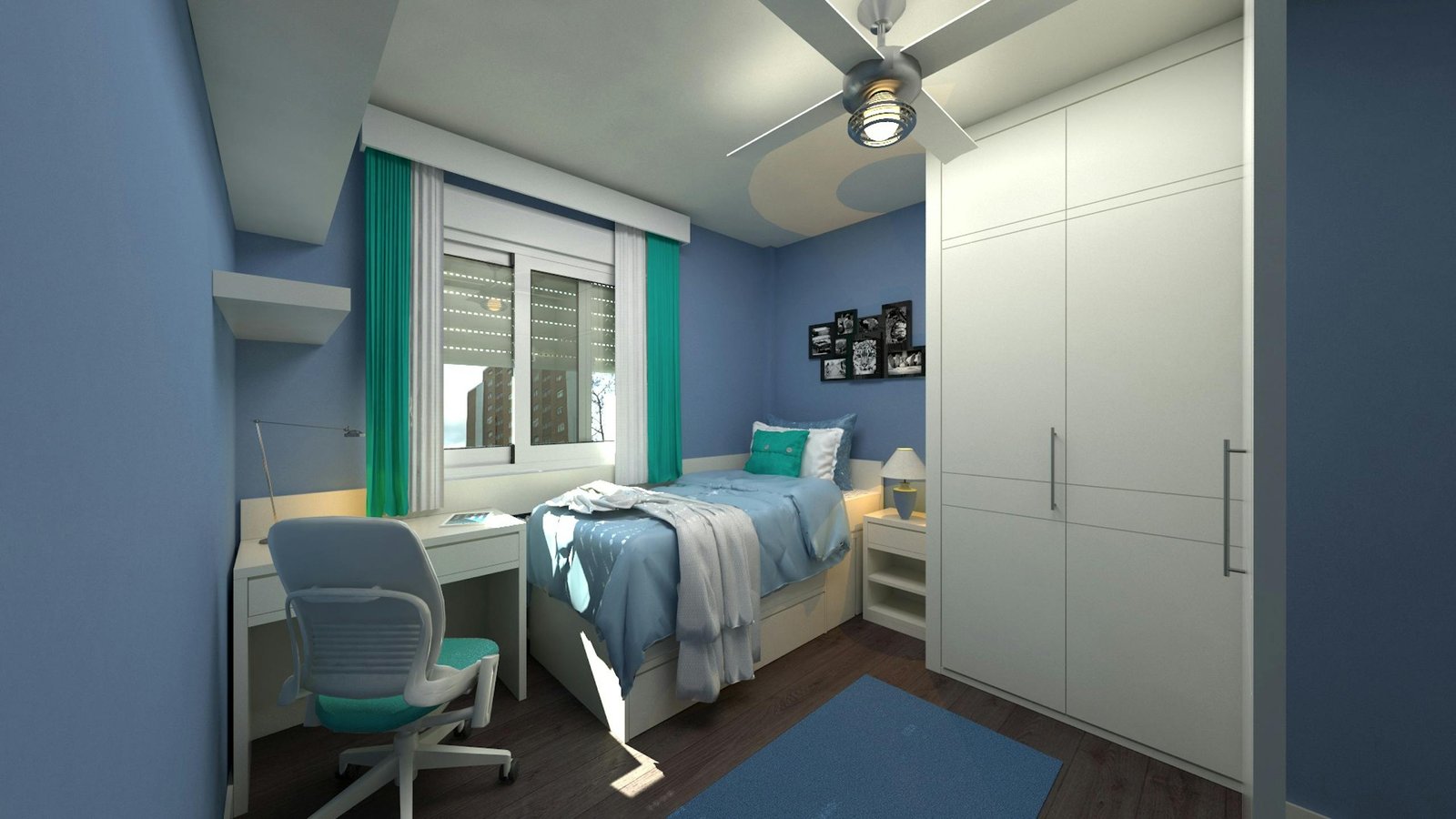 Contemporary bedroom decor with blue tones, modern furniture, and bright lighting.