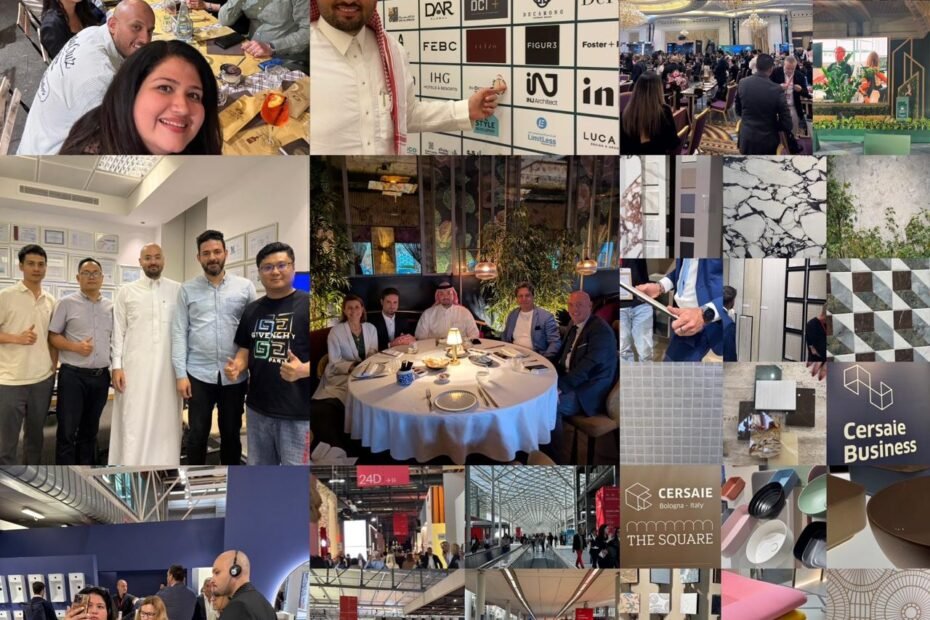 A photo collage documenting Ibrahim Joharji and INJ Architects at major international design events in 2025. The images feature networking dinners with global suppliers, exhibition stands at Cersaie Bologna and Salone del Mobile, and close-up views of innovative luxury materials, textures, and architectural product samples.