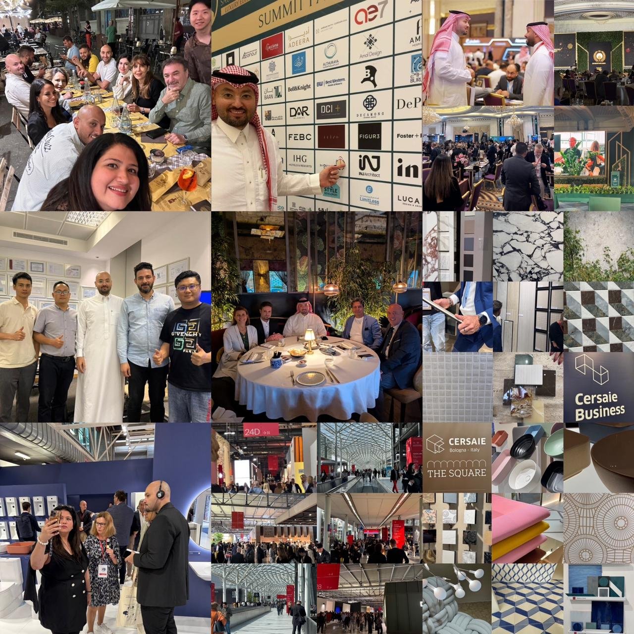 A photo collage documenting Ibrahim Joharji and INJ Architects at major international design events in 2025. The images feature networking dinners with global suppliers, exhibition stands at Cersaie Bologna and Salone del Mobile, and close-up views of innovative luxury materials, textures, and architectural product samples.