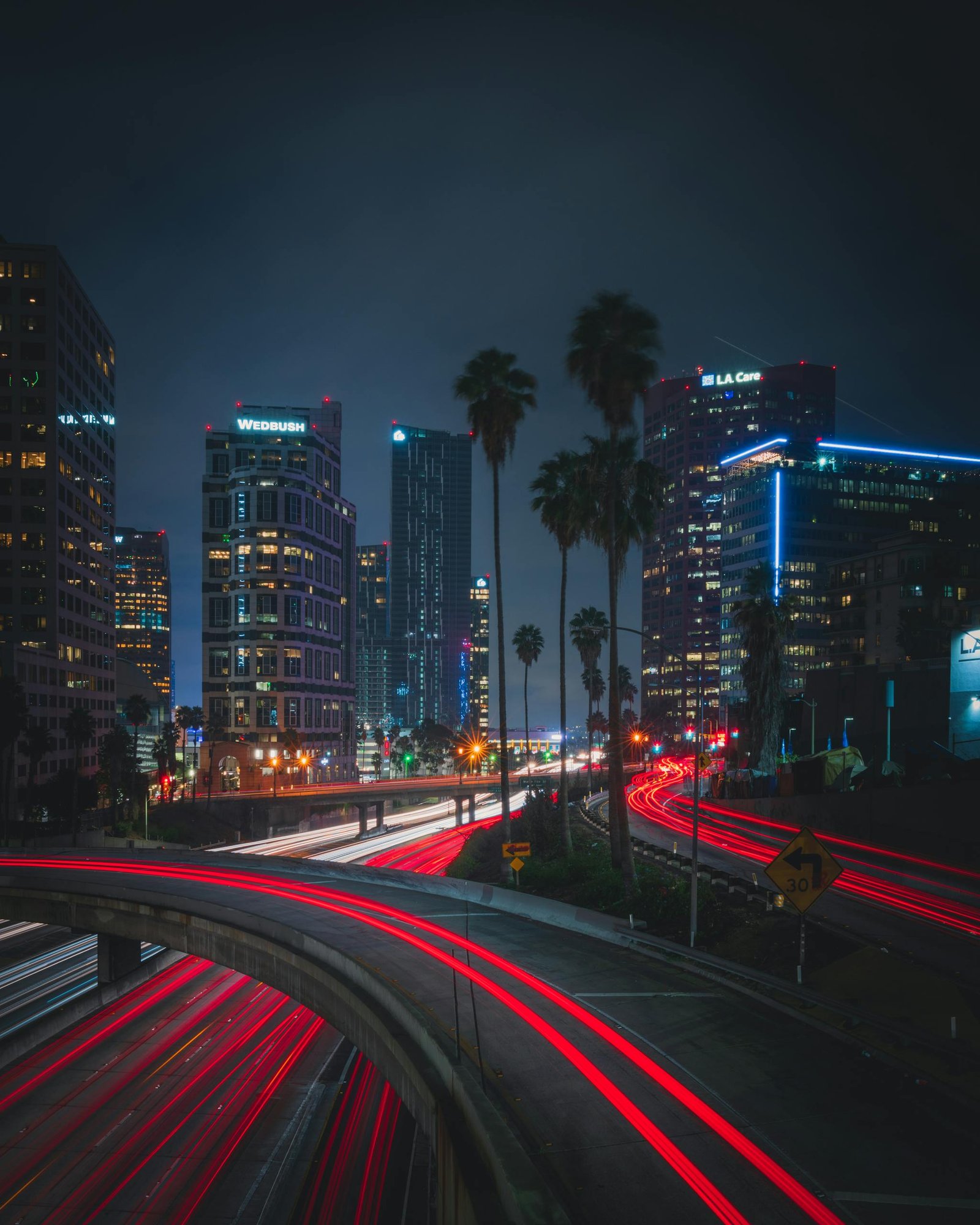 Night view of a bustling urban highway with light trails against a modern city skyline, capturing vibrant energy.