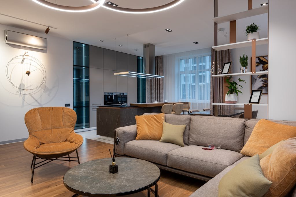 Elegant modern living room featuring stylish furniture and decor elements.