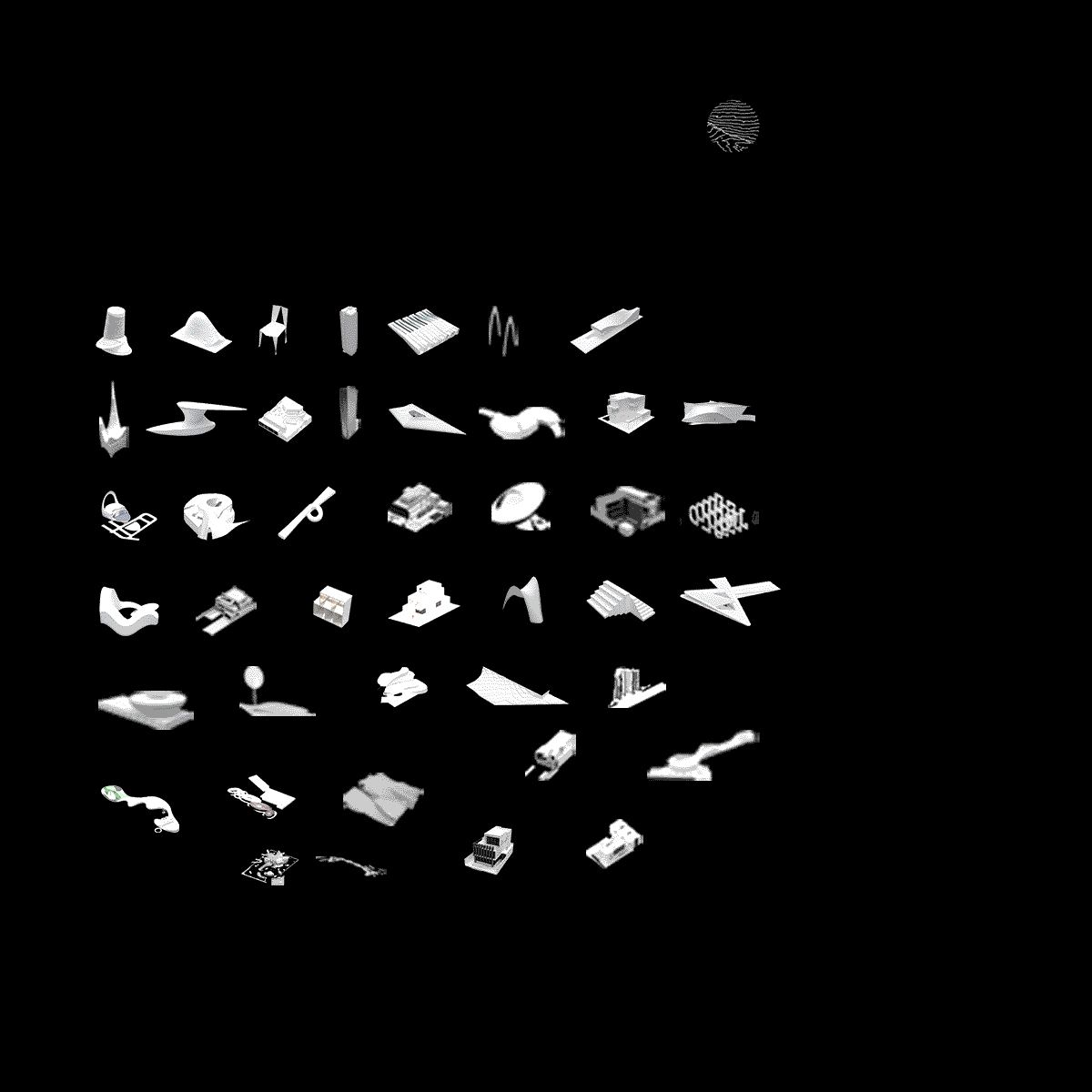 INJ Architects grid of miniature white three dimensional architectural models and spatial objects arranged systematically against a solid black background displaying various structural typologies.