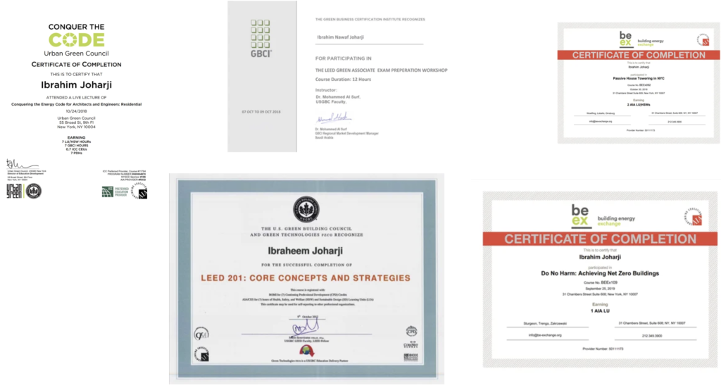 A collage of five professional sustainability and green building certificates awarded to architect Ibrahim Joharji, including credentials from USGBC, GBCI, and the Building Energy Exchange.