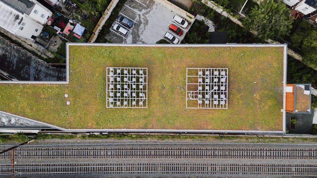 Aerial shot of a green rooftop in Philadelphia, showcasing sustainable urban design.