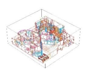 INJ Architects multicolor isometric BIM wireframe model of AMA Infinity Villa showing structural red lines mechanical blue lines and circulation paths across two floors with a vehicle at entry