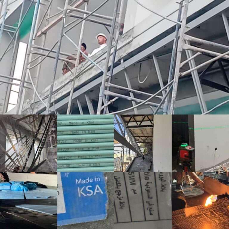 A construction collage of the Indonesian Consulate in Jeddah, featuring consultant Ibrahim Joharji inspecting the site, alongside various building materials and pipes prominently labeled "Made in KSA" and "صنع في السعودية".