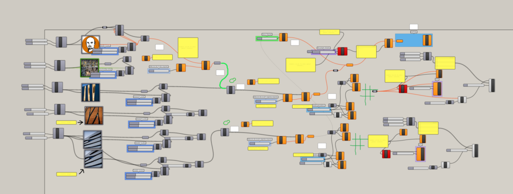 INJ Architects screenshot of a Grasshopper digital interface displaying a complex network of nodes wires and sliders processing small reference images into mathematical data
