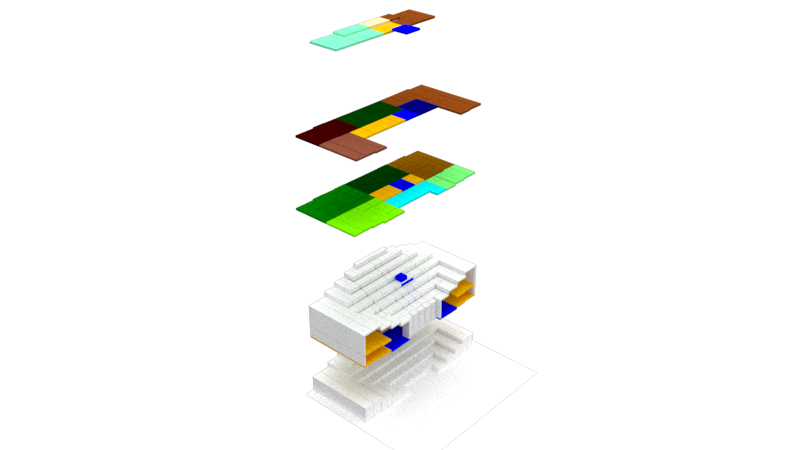INJ Architects exploded isometric graphic displaying a stepped white building mass with orange and blue voids below suspended color coded floor plates indicating programmatic zones against a white background.