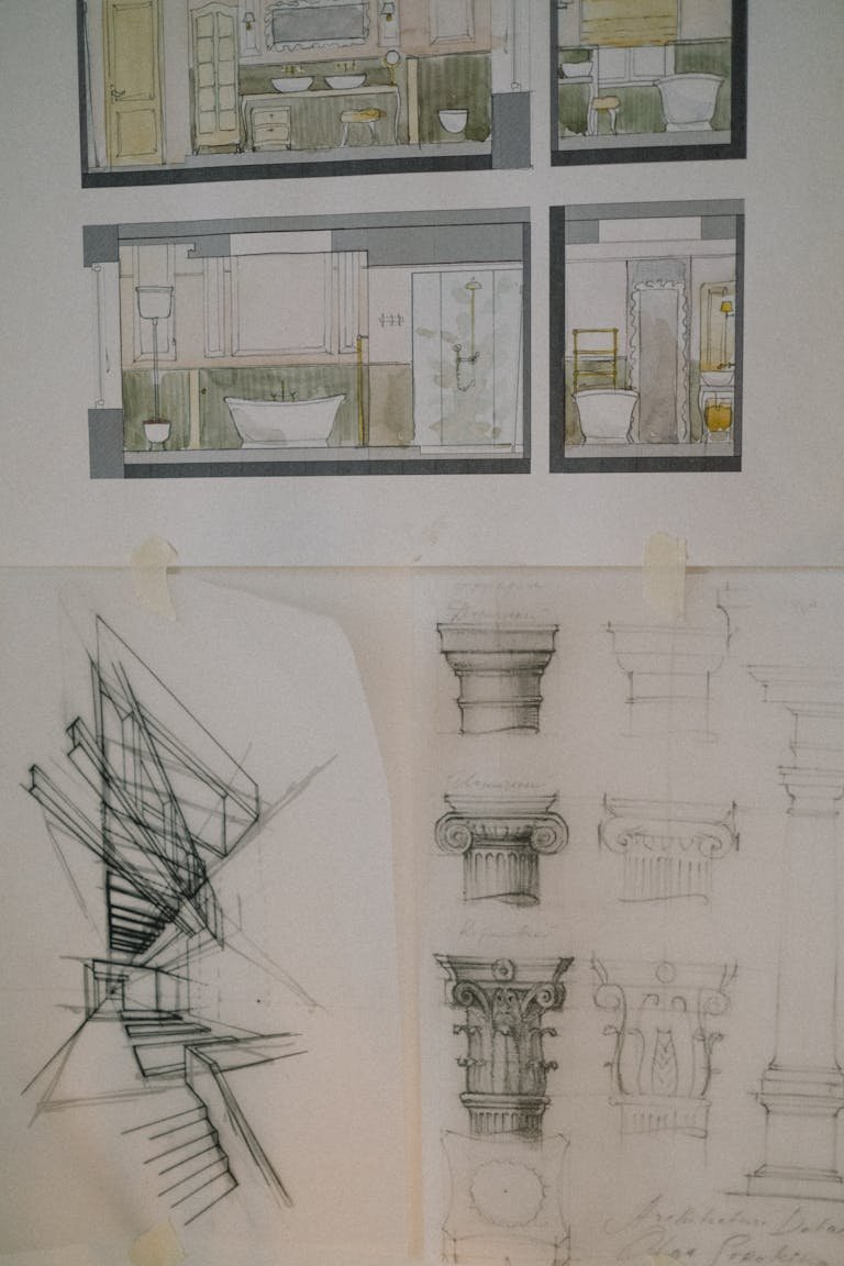 Detailed architectural sketches showcasing classic column designs and interior layouts.