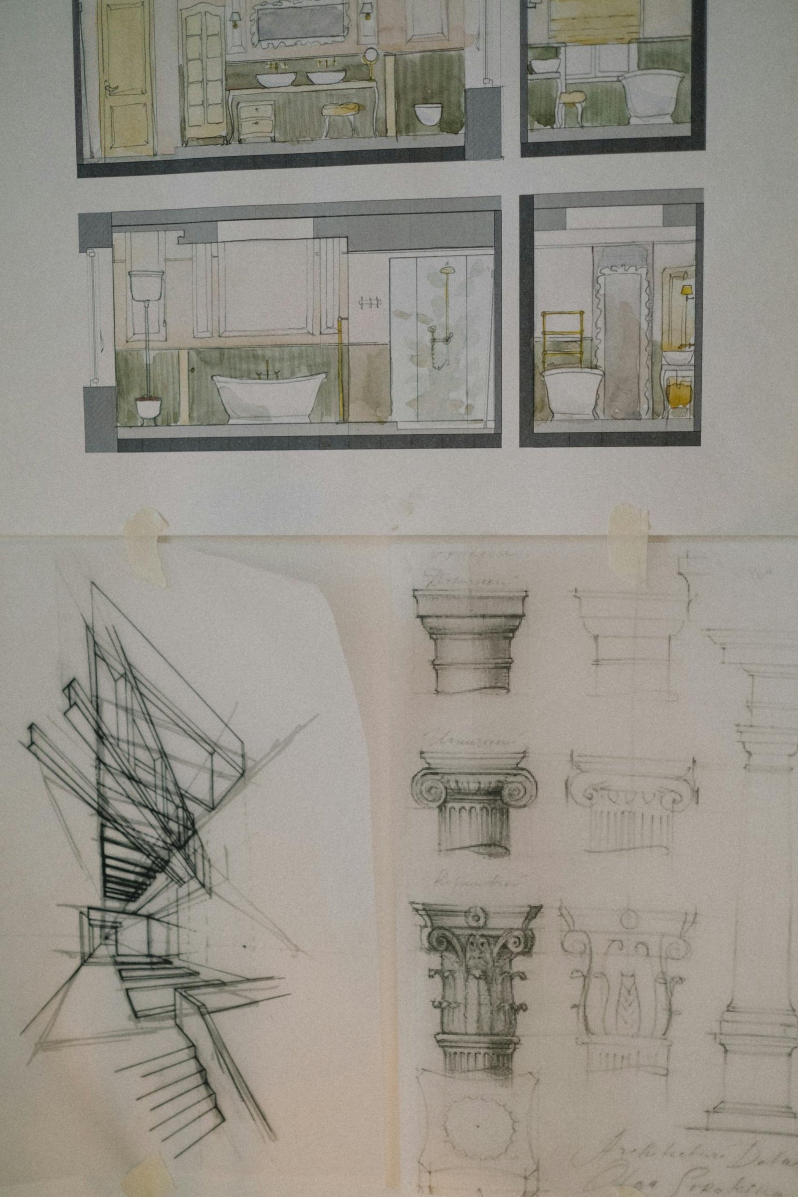 Detailed architectural sketches showcasing classic column designs and interior layouts.