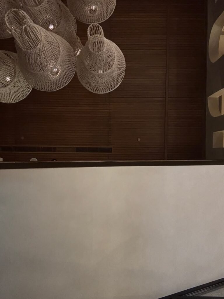 Orthographic ceiling documentation of a restaurant in Jeddah, Saudi Arabia, featuring a linear dark timber slat soffit with a cluster of suspended woven rattan conical pendant lights, a linear HVAC diffuser, and a smooth off-white foreground bulkhead.