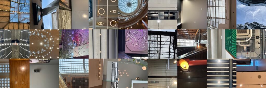 A composite 3x9 photographic grid containing 27 orthographic ceiling studies from London, Manchester, Paris, and Hoboken, displaying a spectrum of architectural typologies including glass domes, LED screens, historic frescoes, industrial ductwork, and timber baffles.