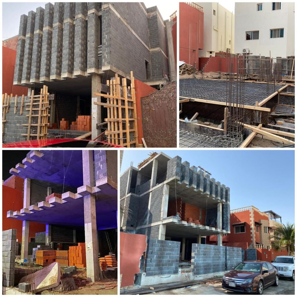 TOB Beach Villa Jeddah raw reinforced concrete structural framing with stepped cantilevers and high-density grey block masonry.