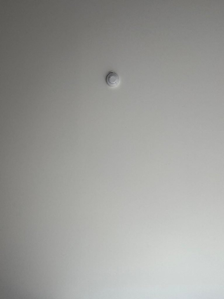 Low-angle orthographic view of a seamless, smooth off-white painted plaster ceiling featuring a single centralized white smoke detector sensor.