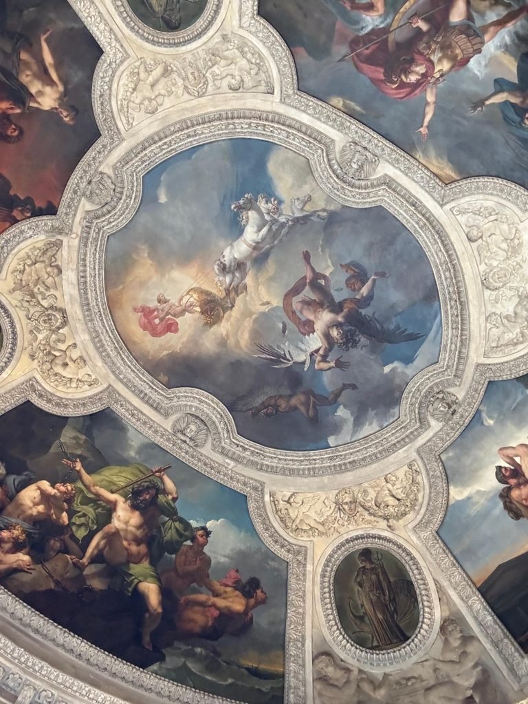 Ceilography — Case 091. Musée du Louvre Historic Gallery, Paris, France (2026). Orthographic documentation of a historic French Baroque ceiling featuring a central allegorical oil painting, gilded stucco cartouches, and carved bas-relief corner medallions, as part of the Ceilography architectural research archive.