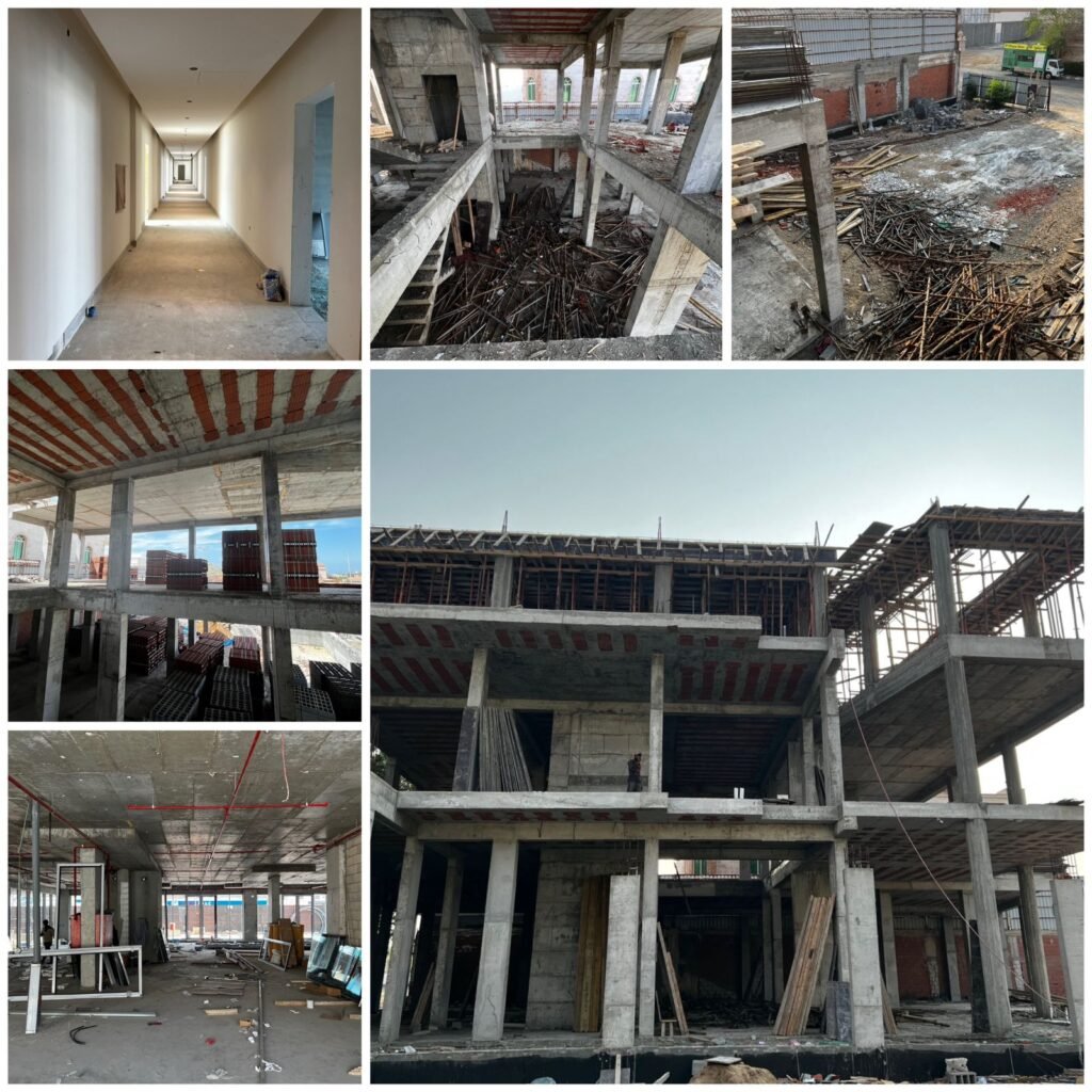 Construction site supervision showing reinforced concrete structural progress and contractual project management under INJ Architects.