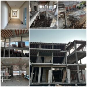 Engineering photo grid illustrating comprehensive construction site supervision, reinforced concrete structural progress, and contractual project management.