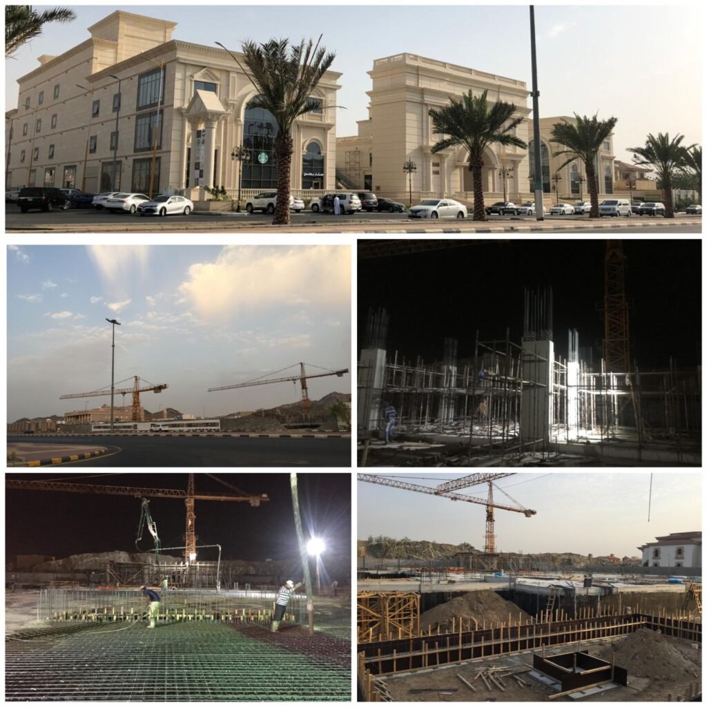 Al Saud Plaza commercial building structural lifecycle from foundation concrete pouring to completed classical stone facade under INJ Architects advisory.