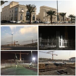 Architectural grid tracking the structural lifecycle of a commercial plaza from foundational concrete pouring to the completed classical stone facade.