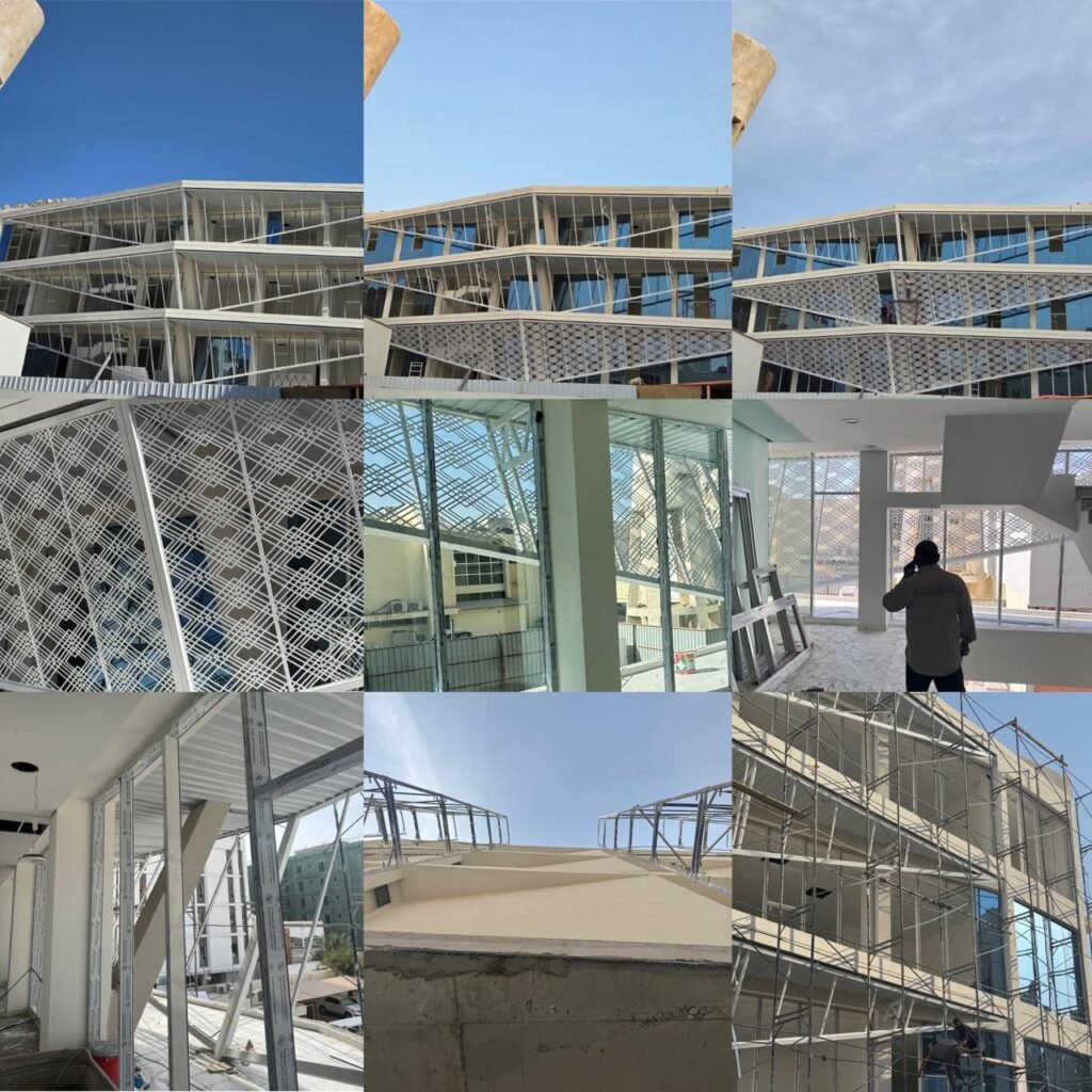 Construction phases of the Indonesian Consulate Jeddah showing custom white geometric Batik-derived facade screen installation and structural scaffolding.
