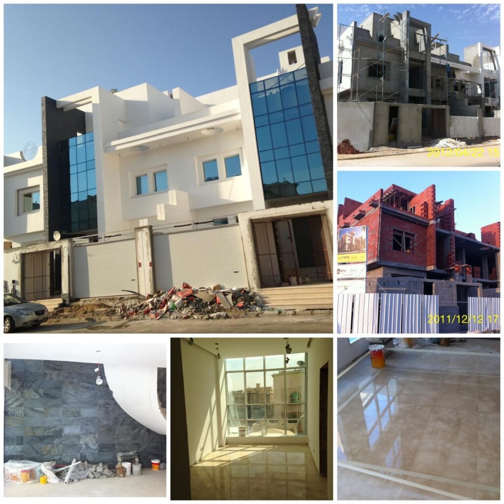 Nasif Villa Al Muhammadiyah Jeddah construction and interior completion stages showing white facades and blue glass windows.