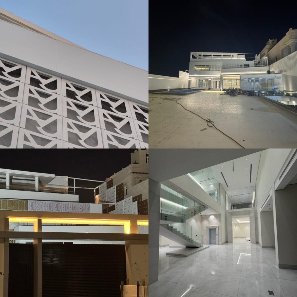 MFJ Mansion Jeddah showing geometric facade screens, outdoor courtyard swimming pool, and grand double-height marble foyer with glass staircase.